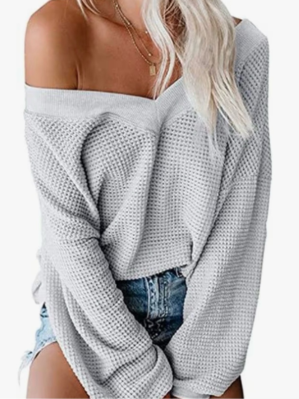 Off-Shoulder Waffle Knit Sweater in Light Gray